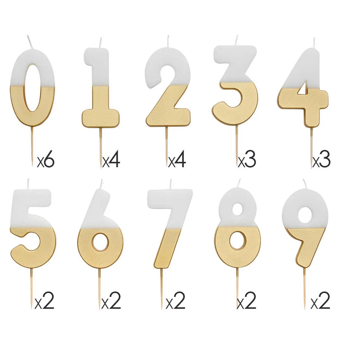 Ten white and gold dipped number candles from 0 to 9 laid out in two rows