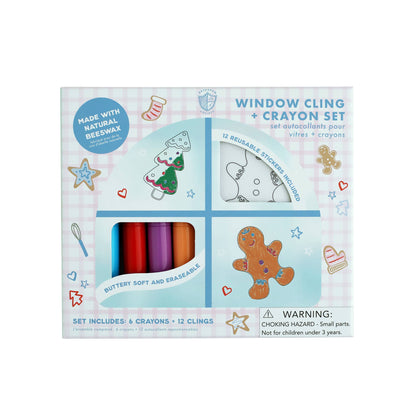 Baking Spirits Bright window cling and crayon set box with a gingerbread man and holiday tree cookie clings
