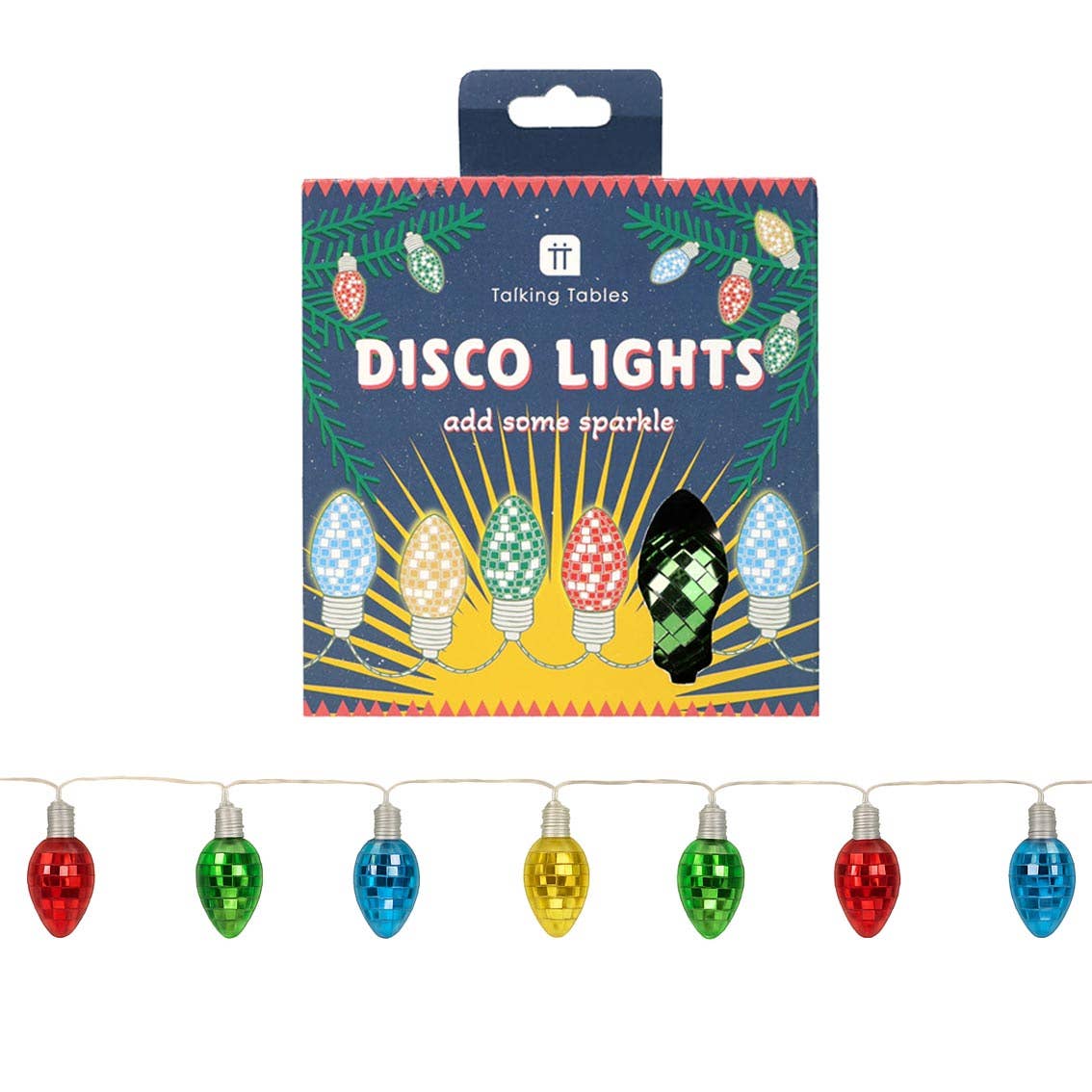 Boxed retro disco bulb lights above a string of seven red, green, blue and yellow mirror-tile bulbs
