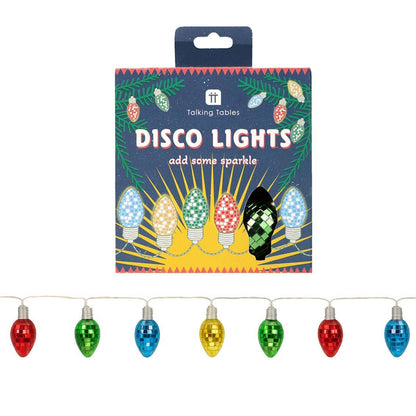 Boxed retro disco bulb lights above a string of seven red, green, blue and yellow mirror-tile bulbs
