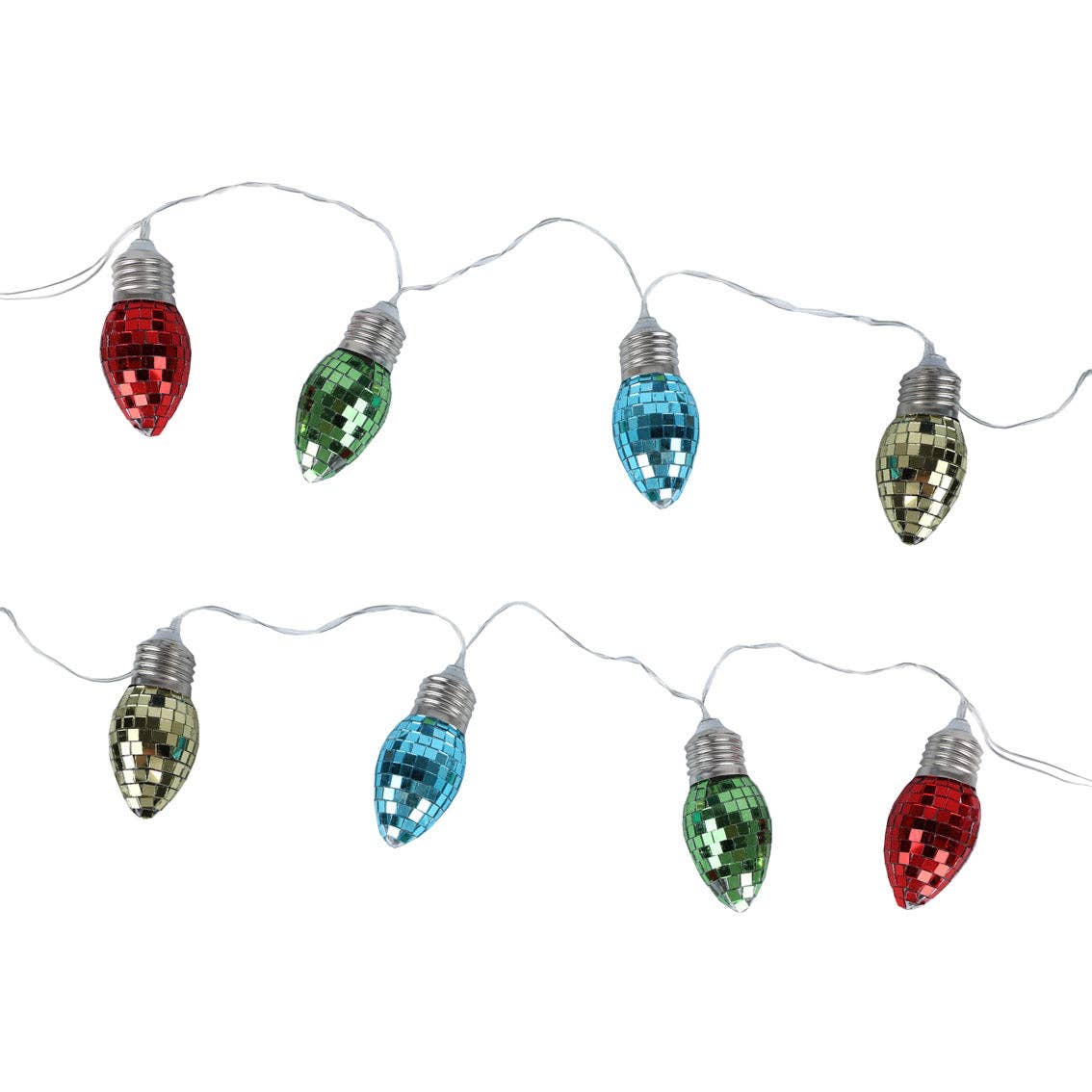 Two strands of mirror-tile bulbs in red, green, blue and yellow laid flat