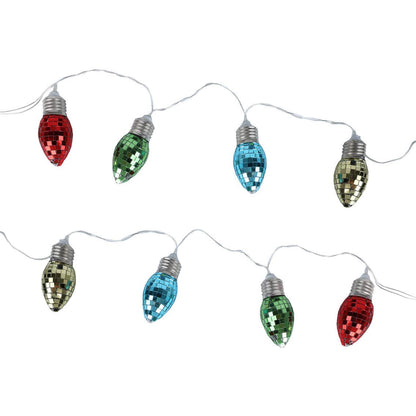 Two strands of mirror-tile bulbs in red, green, blue and yellow laid flat