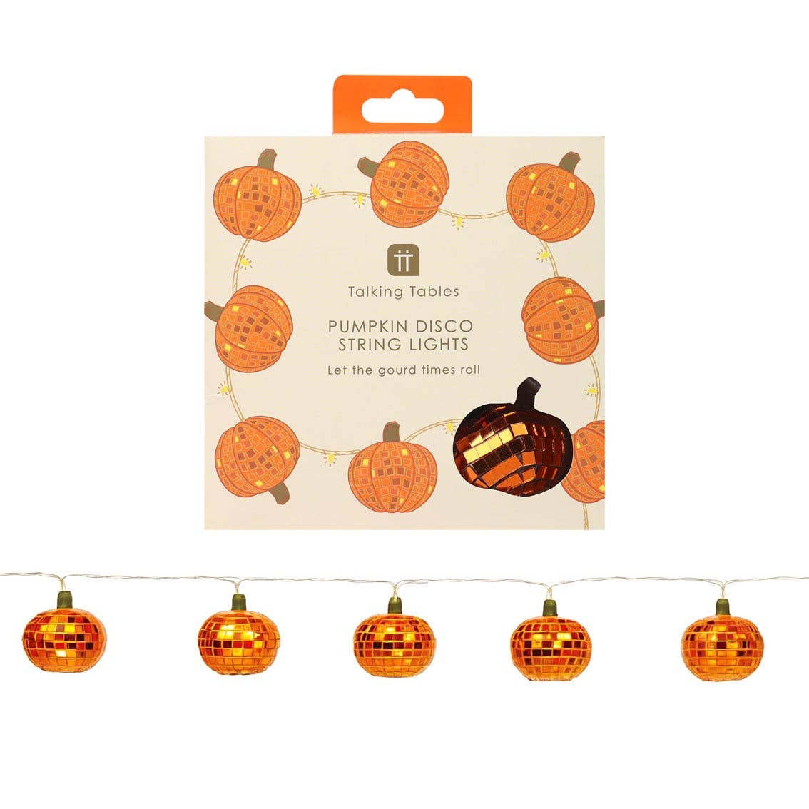 Boxed pumpkin disco string lights above a short string of lit orange mirror-ball pumpkins
