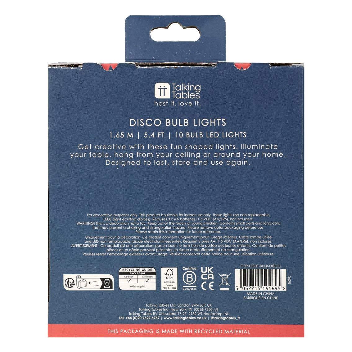 Back of the disco bulb lights box showing the 1.65 m length and 10 bulb LED details