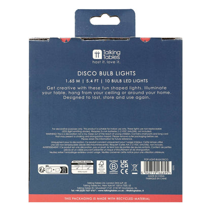 Back of the disco bulb lights box showing the 1.65 m length and 10 bulb LED details