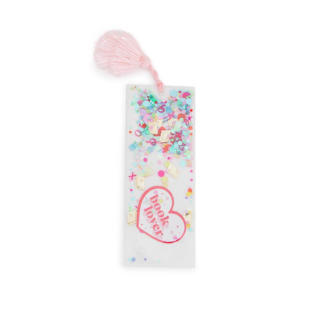 Clear confetti-filled bookmark with a pink heart reading book lover and a pink yarn tassel