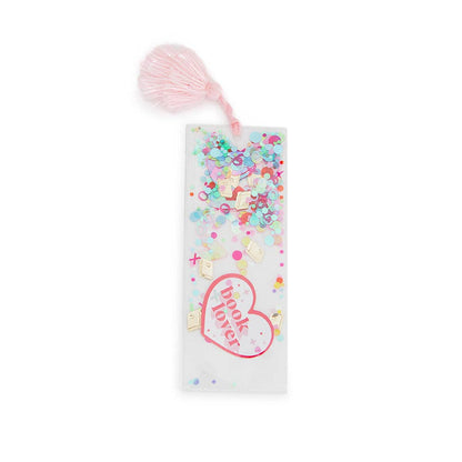 Clear confetti-filled bookmark with a pink heart reading book lover and a pink yarn tassel
