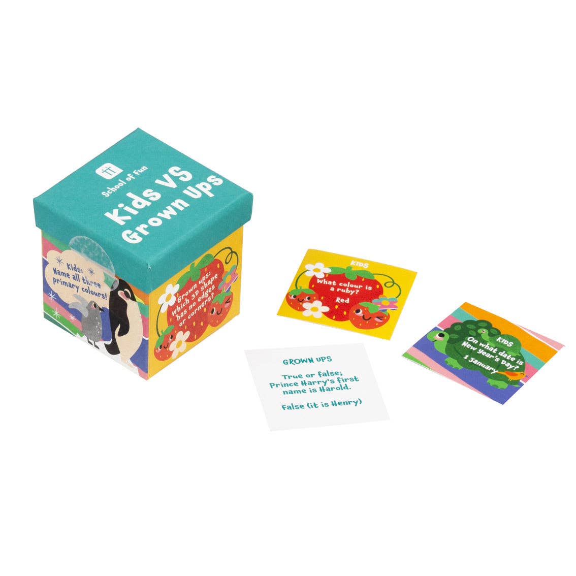 Teal Kids VS Grown Ups trivia box beside question cards