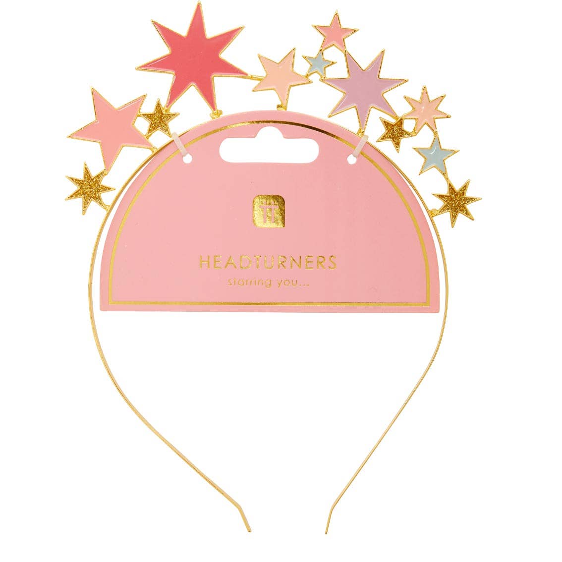 Gold-tone headband topped with pink, purple and gold stars on its pink display card